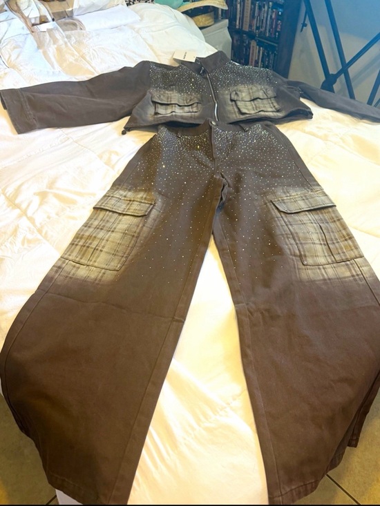 Pants - Women's Brown Cargo Pants and Jacket with Stud Detail